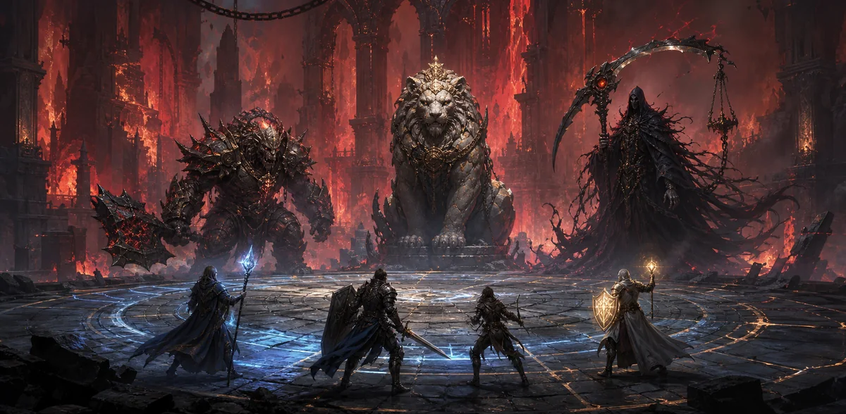Adventurers facing three cursed bosses in a ruined arena