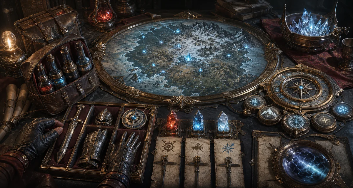 A bronze-framed magical map and organized adventurer interface tools