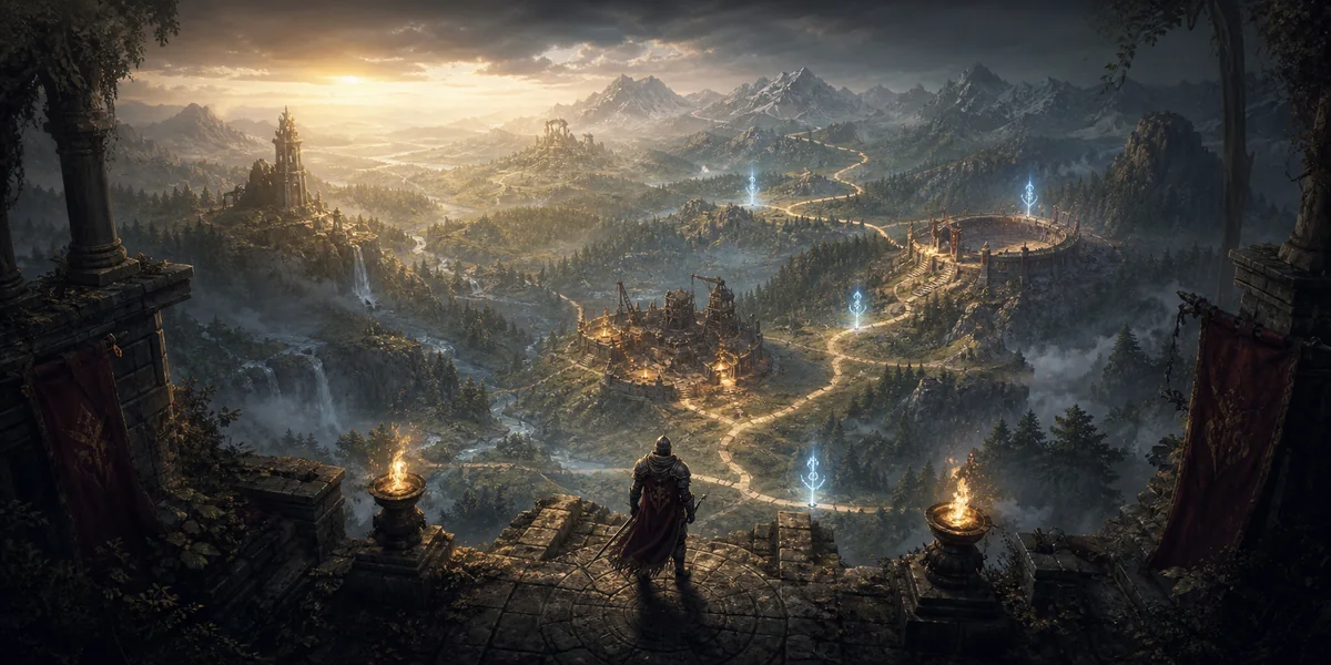 An adventurer overlooking temples, mines, an arena, and newly explored paths across Midhem